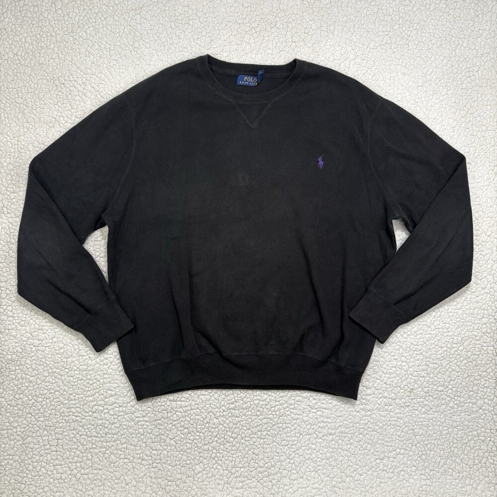 Polo Ralph Lauren Sweatshirt‎ Mens XL Black Crewneck Purple Pony Logo Cotton